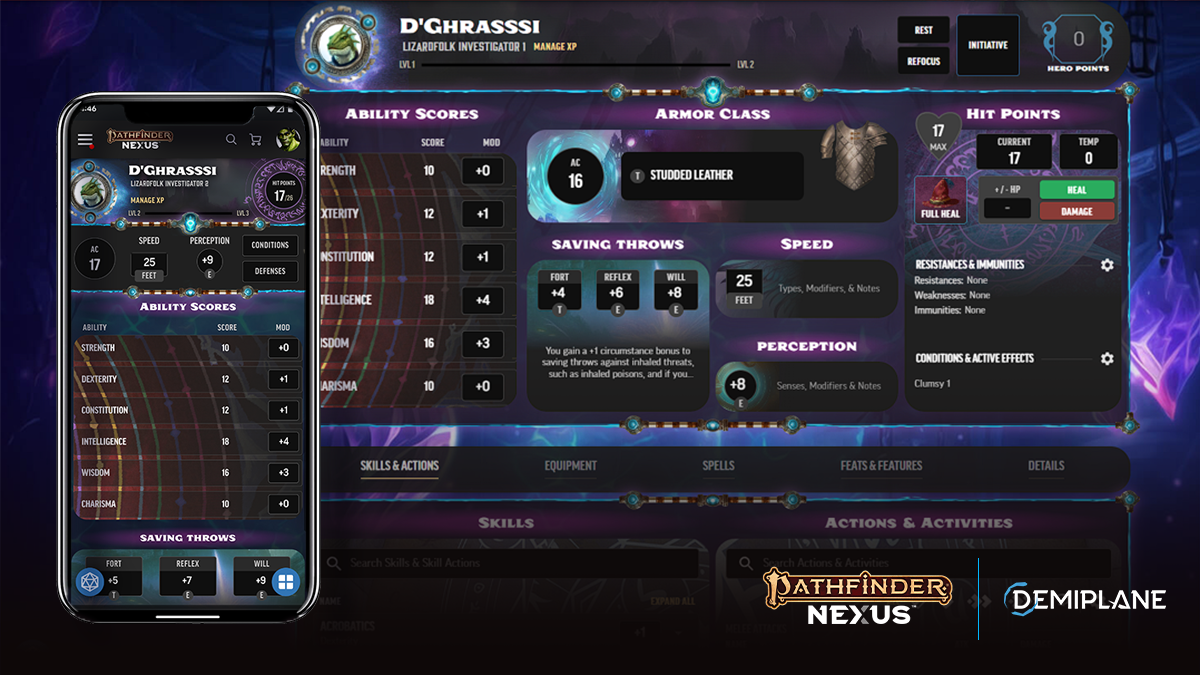 Demiplane's Pathfinder NEXUS Character Tools Mobile And Desktop Views